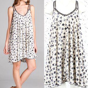 Star Print Swing Dress Loose Fit Summer Mini Dress Ivory / Off White